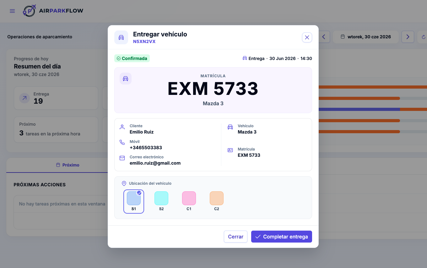 Modal de entrega de vehículo en AirParkFlow