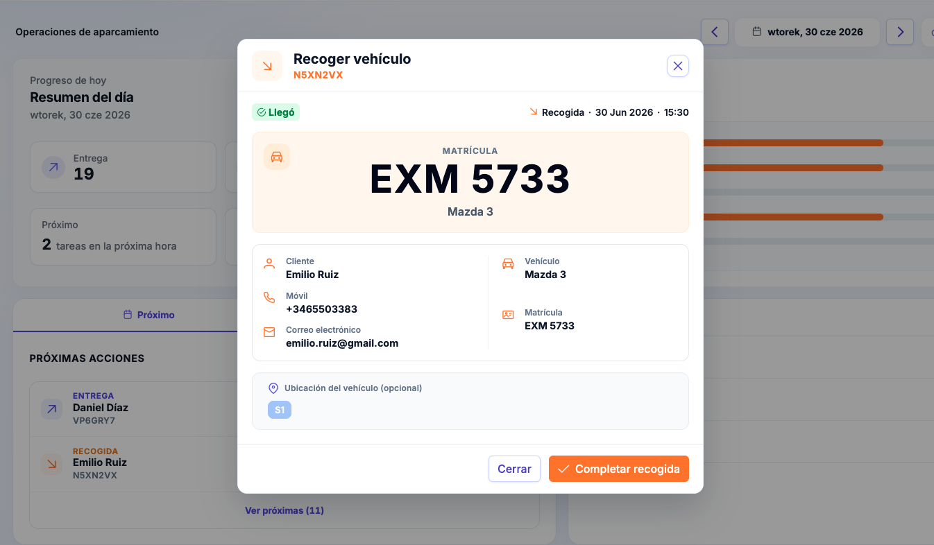 Modal de recogida en AirParkFlow